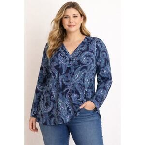 Gloria Vanderbilt Collection Womens 3X Blue Paisley Long Sleeve Blouse